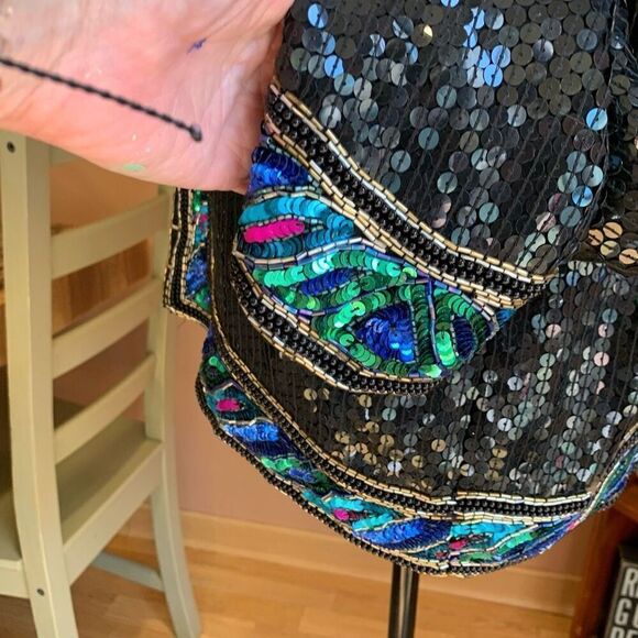 Stenay Vintage 80s Silk Sequins Dinner Jacket Black w/ Multicolor Trim Lined Lg - Picture 9 of 11